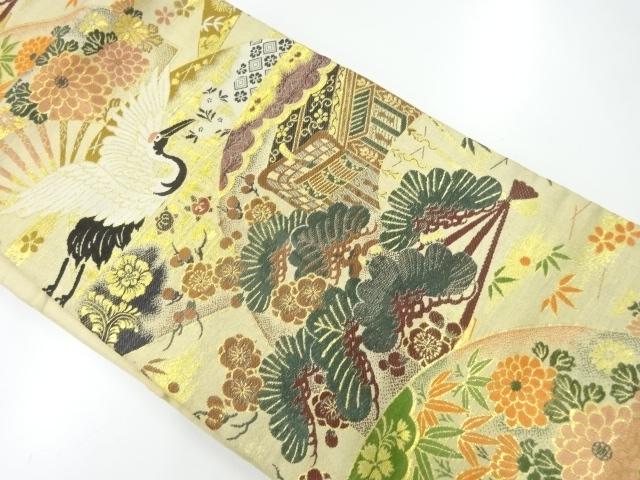 アンティーク　松竹梅に鶴・御所車模様織出し名古屋帯（材料）